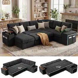 Dyonery - 7-Seat Modular Sectional Sleeper Sofa with Pull-Out Bed, Reclining Backrest, USB Ports, Table, LED Lights,Gray - Gray