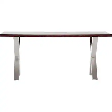 Front. Finch - Rectangular Stainless Steel and Mango Wood Backless Bench - Dark Walnut Brown.