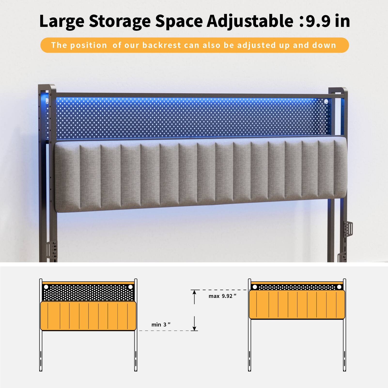 Large Storage Space Adjustable :9.9 in  
The position of our backrest can also be adjusted up and down  
max 9.92"  
min 3"