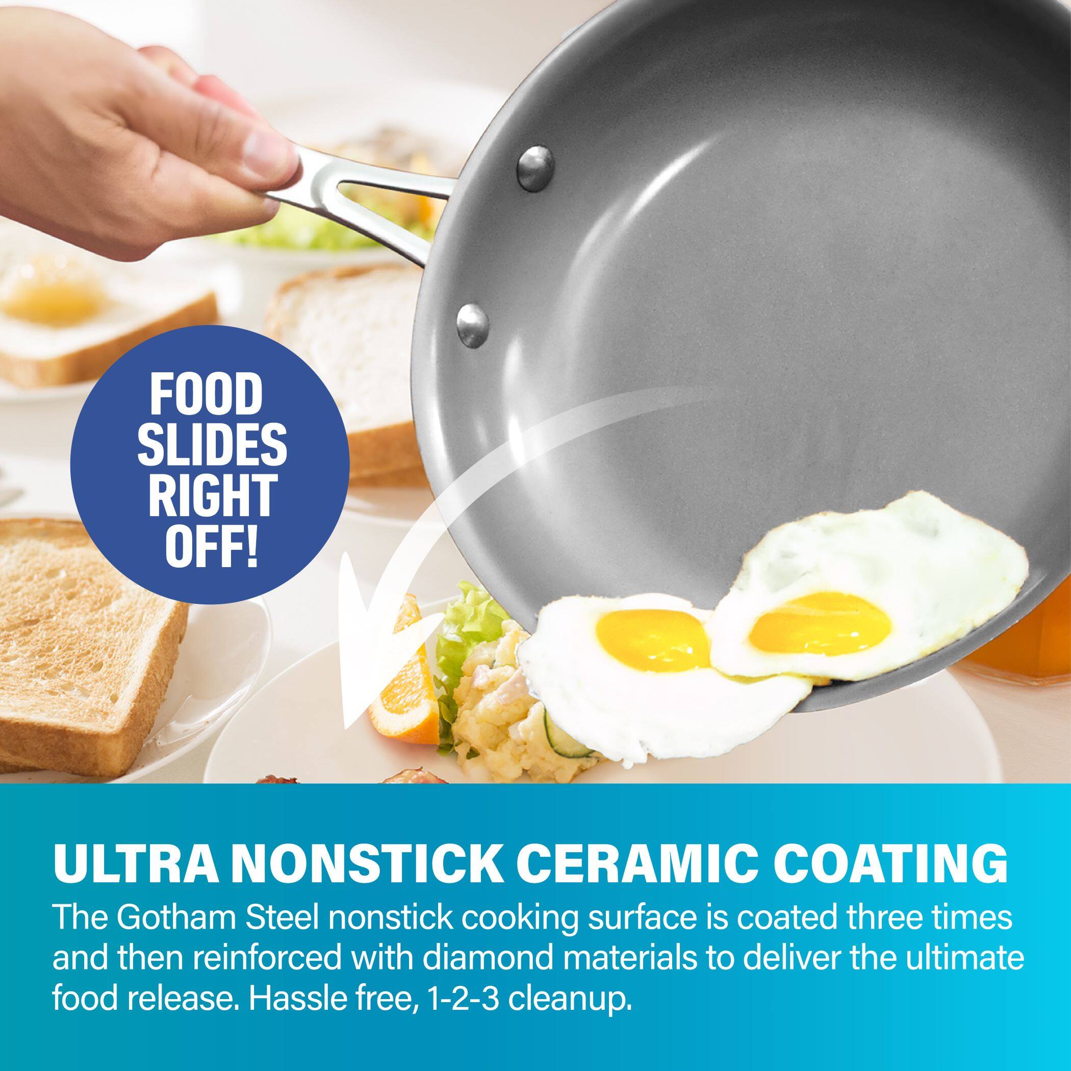 FOOD SLIDES RIGHT OFF! ULTRA NONSTICK CERAMIC COATING

The Gotham Steel nonstick cooking surface is coated three times and then reinforced with diamond materials to deliver the ultimate food release. Hassle free, 1-2-3 cleanup.