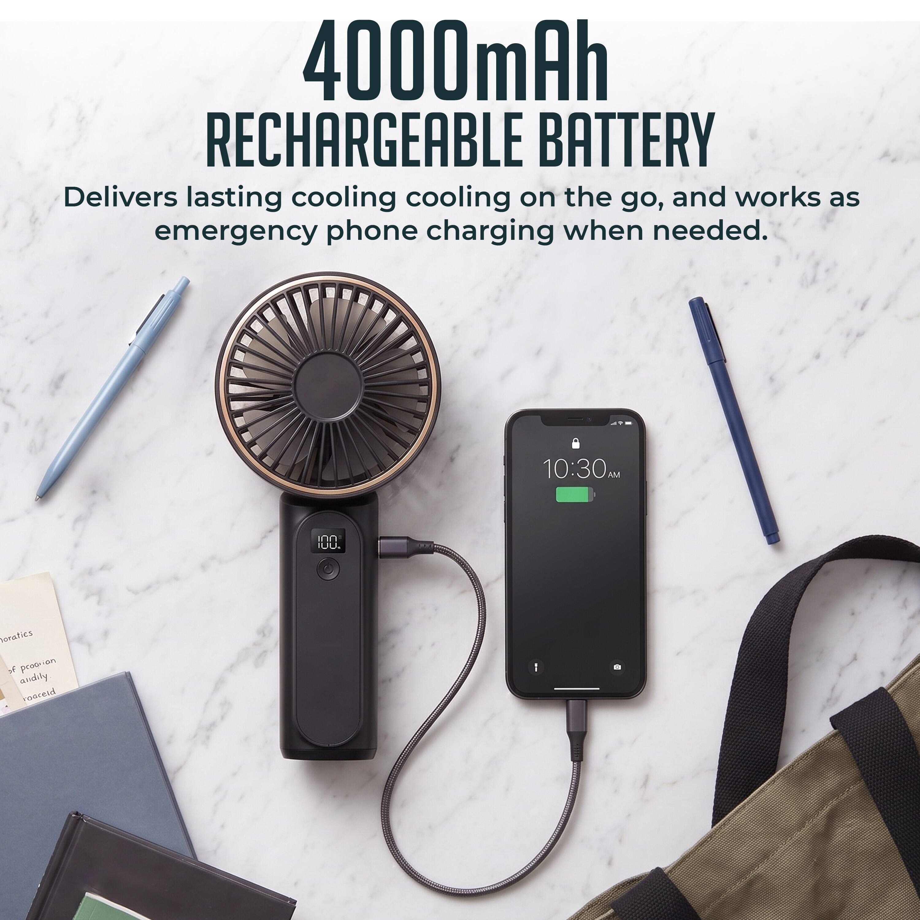 4000mAh RECHARGEABLE BATTERY  
Delivers lasting cooling on the go, and works as emergency phone charging when needed.  

10:30 AM