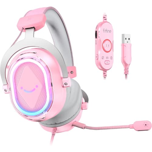 FIFINE - AmpliGame H13P Pink Wired RGB Gaming Headset – 7.1 Surround Sound, Noise-Canceling Mic, USB, PS4/PS5/PC