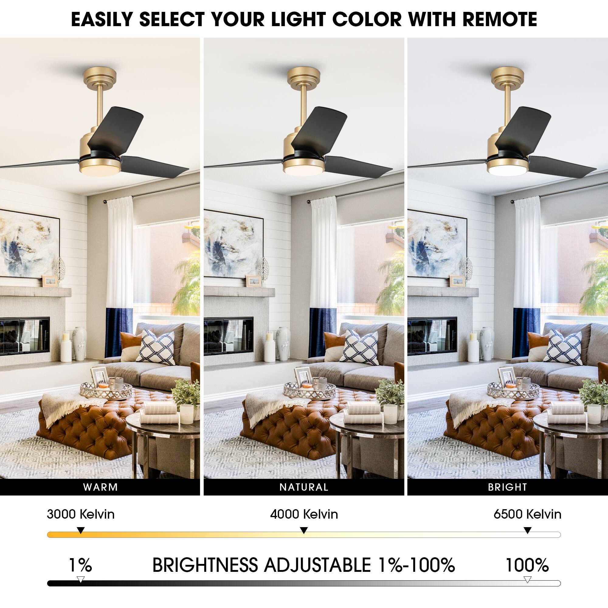 EASILY SELECT YOUR LIGHT COLOR WITH REMOTE

WARM  
3000 Kelvin  
1%

NATURAL  
4000 Kelvin  
BRIGHTNESS ADJUSTABLE 1%-100%

BRIGHT  
6500 Kelvin  
100%