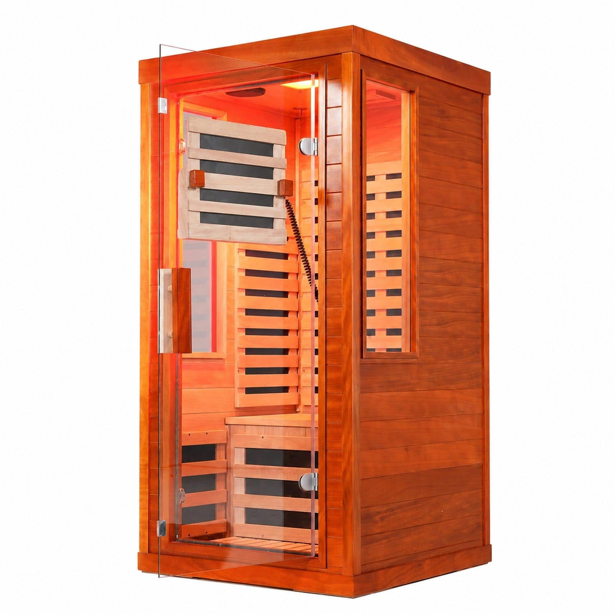 RYHNUYNE - One Person Far Infrared Sauna, Okoume Wood, Tempered Glass Door, 31.5 x 31.5 x 63.3 in, Bluetooth Audio, Red Light - Natural price history on PriceWatchPro