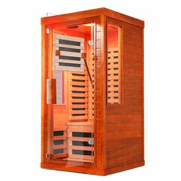 RYHNUYNE - One Person Far Infrared Sauna, Okoume Wood, Tempered Glass Door, 31.5 x 31.5 x 63.3 in, Bluetooth Audio, Red Light - Natural