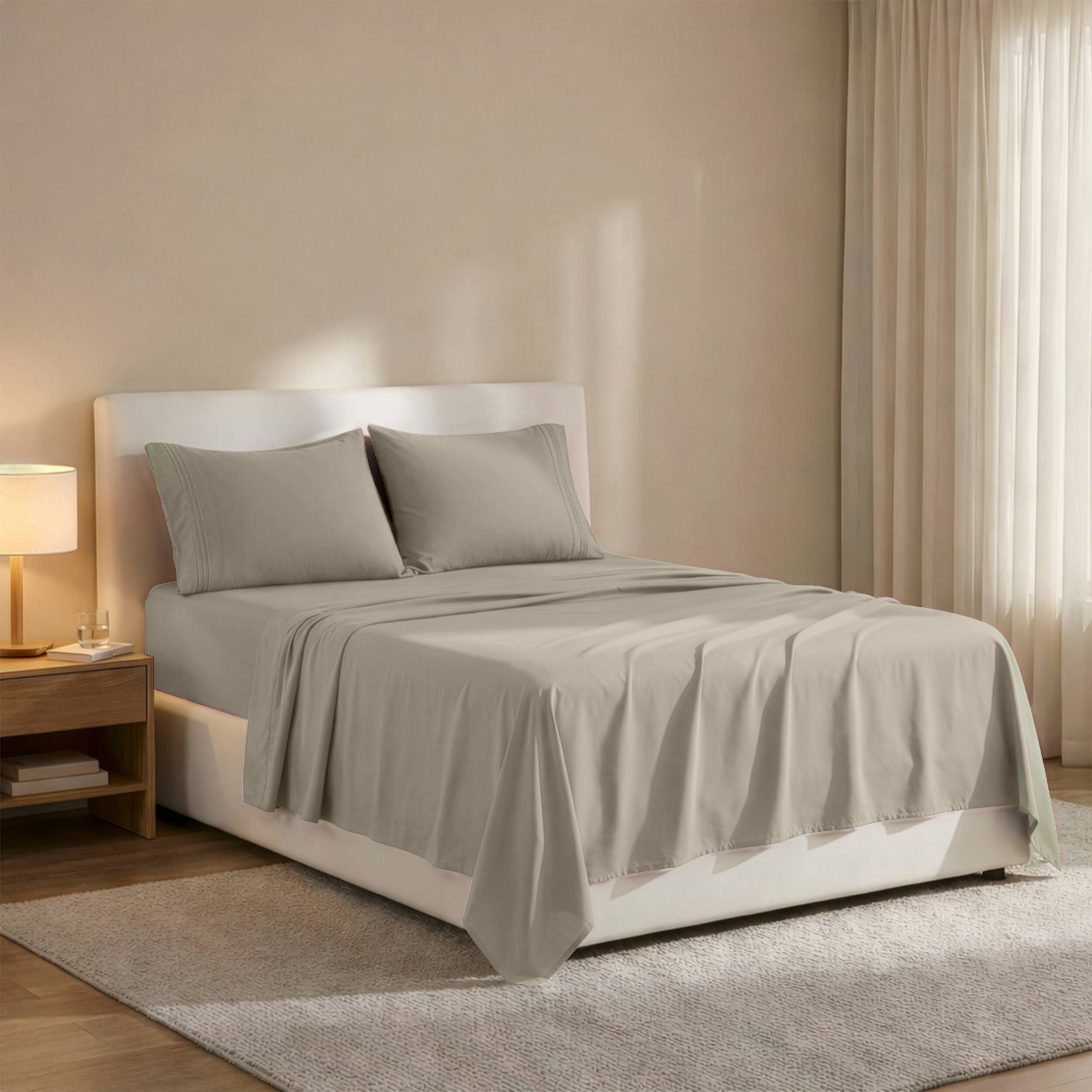 Angle. Lux Decor Collection - 4-Piece Queen Bed Sheet Set, Ultra Soft Microfiber, Deep Pocket, Wrinkle-Resistant, Hypoallergenic, All-Season Comfort - Taupe.