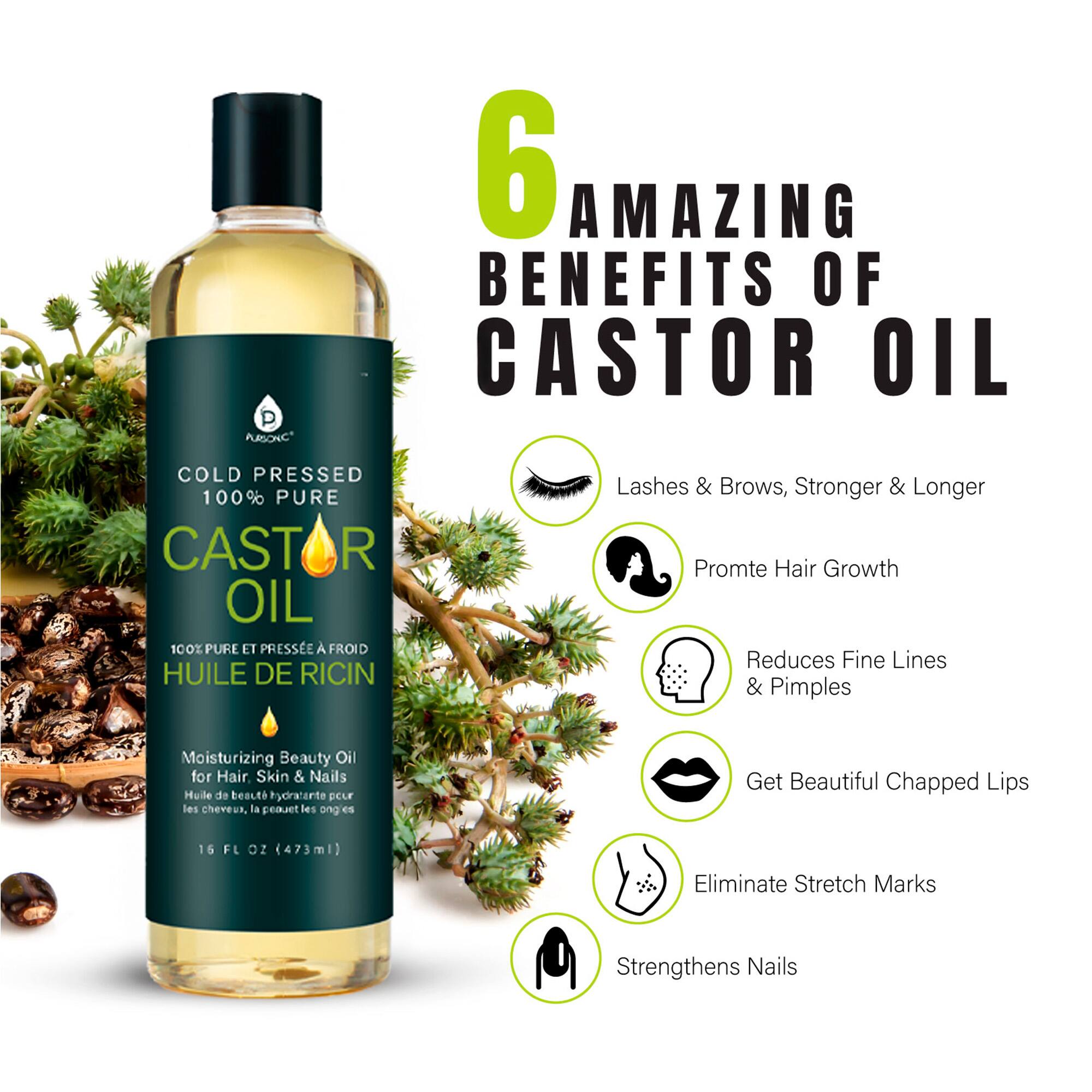 6 AMAZING BENEFITS OF CASTOR OIL

1. Lashes & Brows, Stronger & Longer
2. Promote Hair Growth
3. Reduces Fine Lines & Pimples
4. Get Beautiful Chapped Lips
5. Eliminate Stretch Marks
6. Strengthens Nails

COLD PRESSED 100% PURE CASTOR OIL

100% PURE ET PRESSE À FROID HUILE DE RICIN

Moisturizing Beauty Oil for Hair, Skin & Nails

16 FL OZ (473ml)