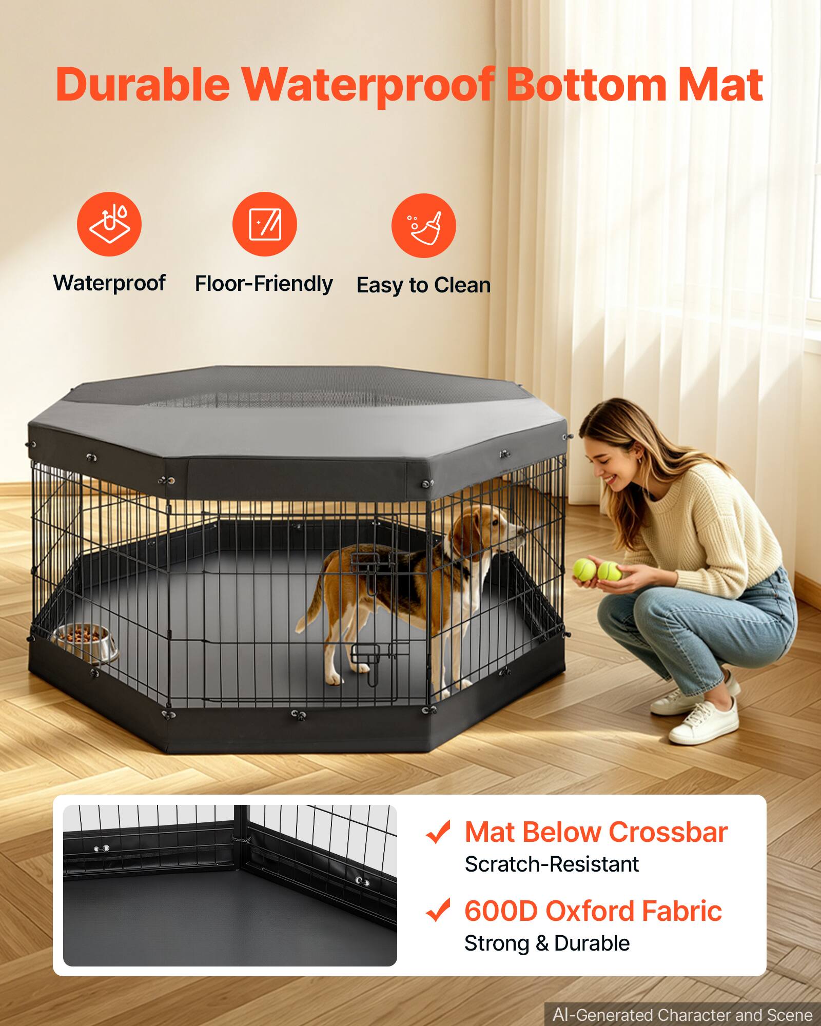 Durable Waterproof Bottom Mat  
Waterproof Floor-Friendly Easy to Clean Mat  
Below Crossbar Scratch-Resistant  
600D Oxford Fabric Strong & Durable  
AI-Generated Character and Scene