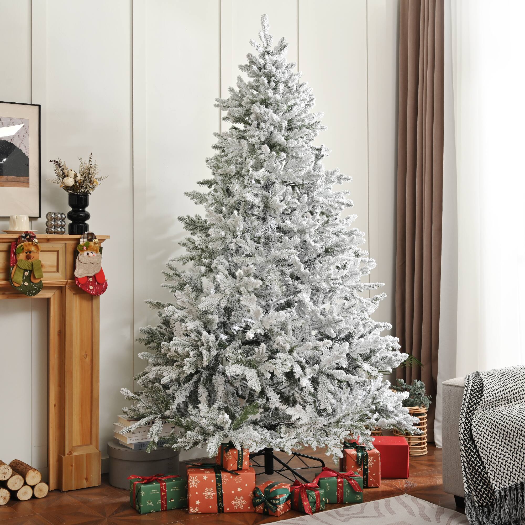 Alt View 1. Ecooso - Premium 7FT Snow Flocked Hinged Artificial Christmas Fake Spruce with Fluffy Branch White Snow Tips and Metal Stand - White.