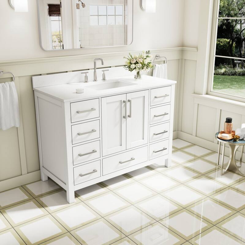 Left. WELLFOR - 48 in Bathroom Vanity with Sink, Freestanding Solid Wood Bathroom Cabinet with 2 Doors& 9 Drawers,Brushed Nickel Handle - White.