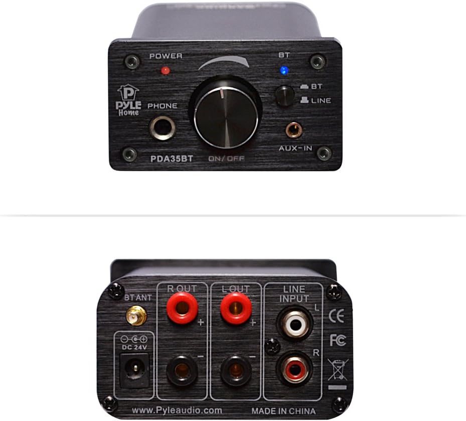 Sure, here is the corrected and grouped text from the image:

**Top Section:**
- POWER
- PYLE Home
- PHONE
- PDA35BT
- ON/OFF
- AUX-IN
- BT
- LINE
- BTANT
- DC 24V
- R OUT
- L OUT
- LINE INPUT
- www.Pyleaudio.com
- MADE IN CHINA

**Bottom Section:**
- BTANT
- R OUT
- L OUT
- LINE INPUT
- DC 24V
- www.Pyleaudio.com
- MADE IN CHINA
- CE
- FC