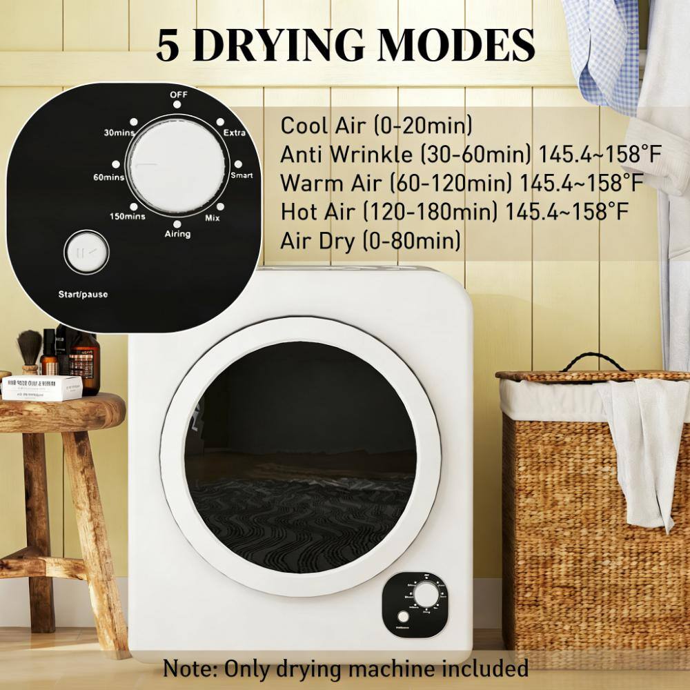 5 DRYING MODES

- Cool Air (0-20min)
- Anti Wrinkle (30-60min) 145.4~158°F
- Warm Air (60-120min) 145.4~158°F
- Hot Air (120-180min) 145.4~158°F
- Air Dry (0-80min)

30mins 60mins 150mins OFF Airing Extra Smart Mix

Start/pause ON

Note: Only drying machine included