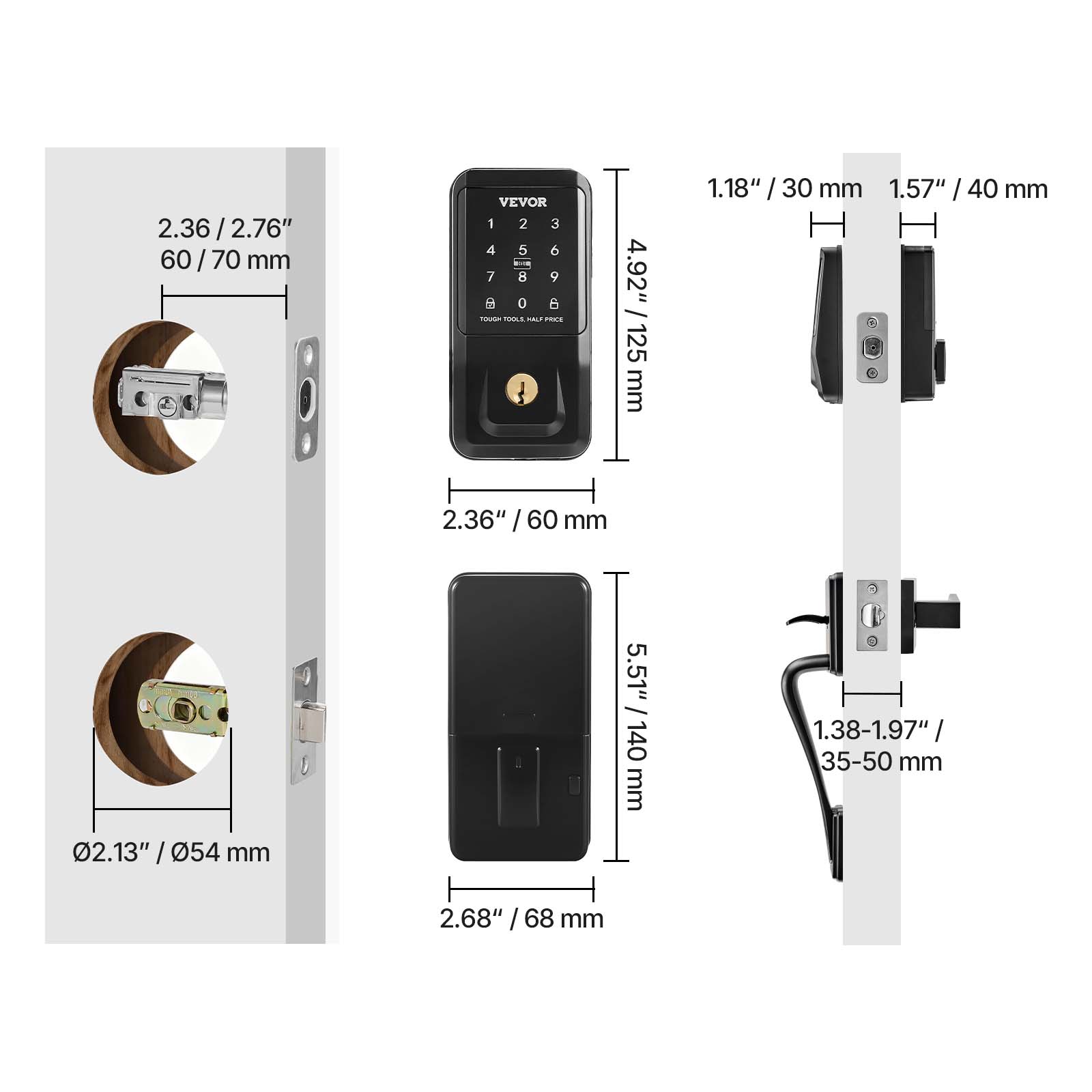2.36 / 2.76" / 60 / 70 mm  
1.18" / 30 mm  
1.57" / 40 mm  
2.36" / 60 mm  
02.13" / 54 mm  
5.51" / 140 mm  
1.38-1.97" / 35-50 mm  
2.68" / 68 mm