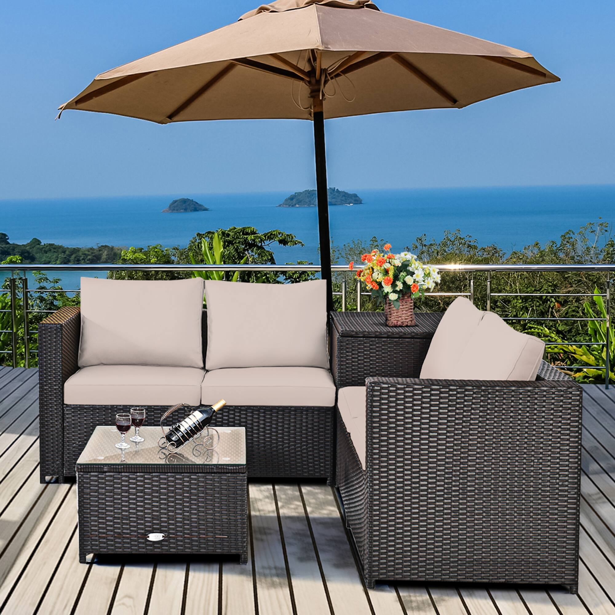 Alt View 2. Gymax - Gymax 4PCS Cushioned Rattan Patio Conversation Set w/ Coffee Table Side Table - Brown.