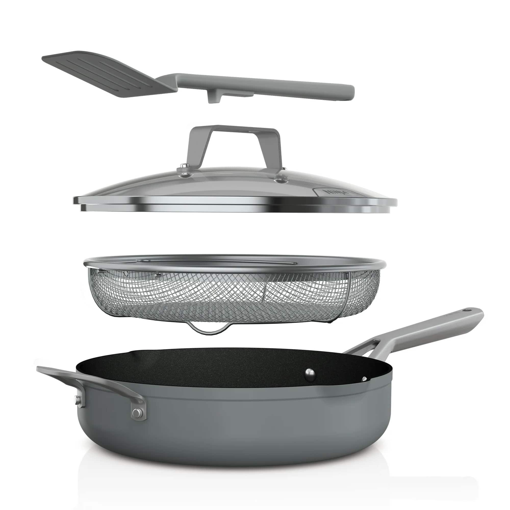 Ninja Foodi NeverStick 4 Quart Pan with Lid, Strainer, & Spatula, Oven Safe, Sea Salt Grey - Thumbnail 3
