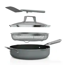 Ninja - Foodi NeverStick 4 Quart Pan with Lid & Strainer, Oven Safe - Sea Salt Grey