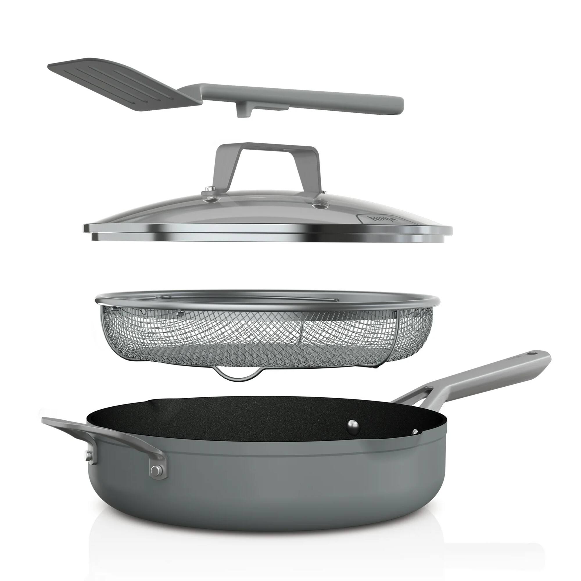 Front. Ninja - Ninja Foodi NeverStick 4 Quart Pan with Lid & Strainer, Oven Safe, Sea Salt Grey - Sea Salt Grey.