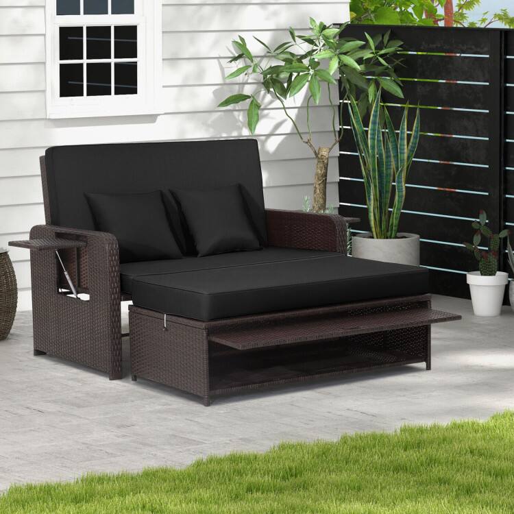 Left. SlickBlue - Patio Rattan Daybed with 4-Level Adjustable Backrest and Retractable Side Tray - Black.
