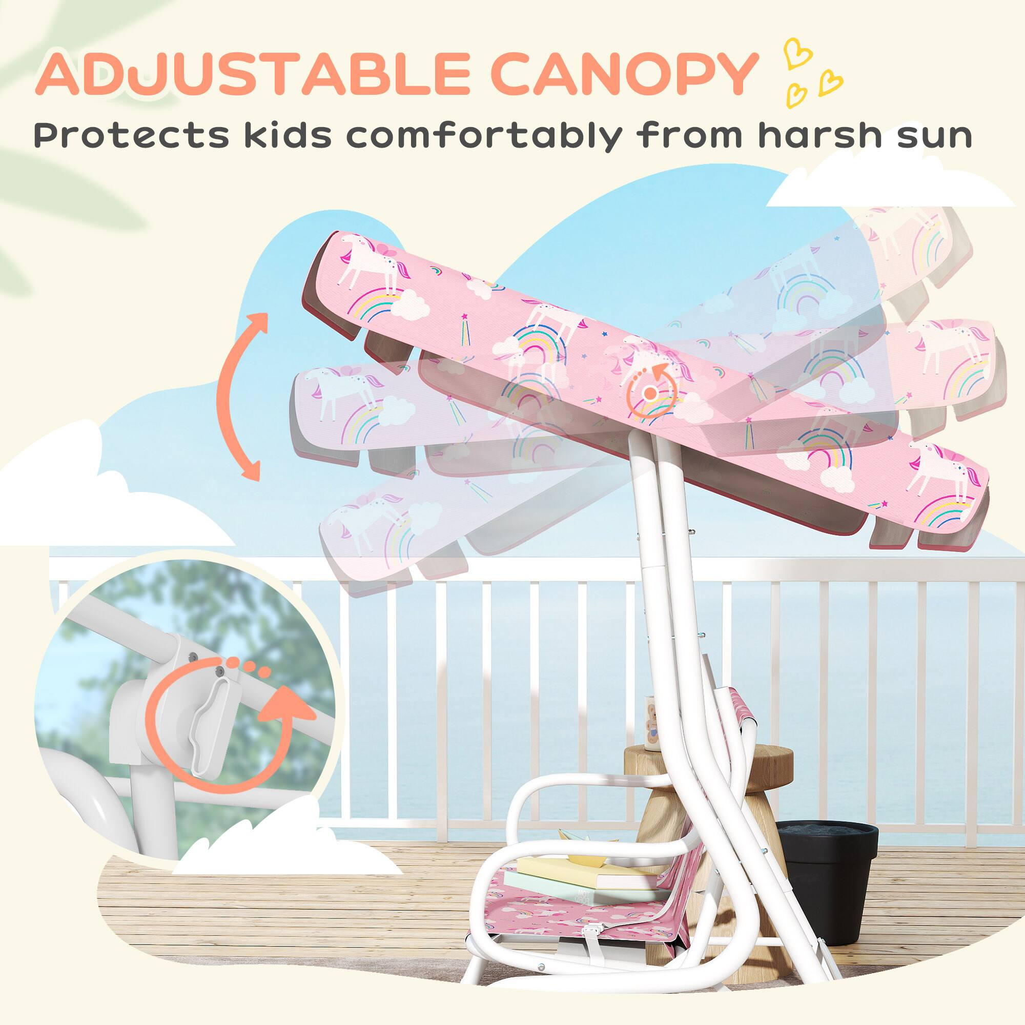 ADJUSTABLE CANOPY  
Protects kids comfortably from harsh sun