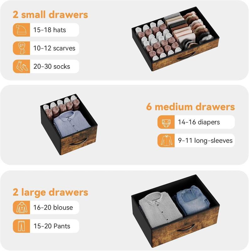 2 small drawers  
- 15-18 hats  
- 10-12 scarves  
- 20-30 socks  

6 medium drawers  
- 14-16 diapers  
- 9-11 long-sleeves  

2 large drawers  
- 16-20 blouse  
- 15-20 pants