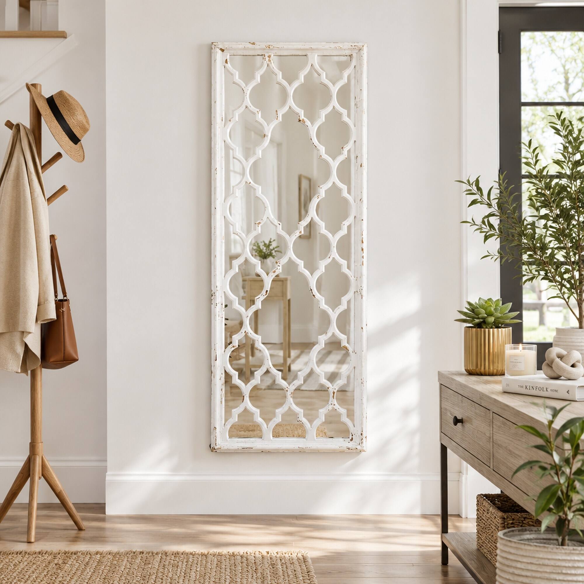 Left. RYHNUYNE - 24 x 60 Inch Distressed White Floor Mirror, Full Length Leaning Mirror, Fir Wood Frame, Bedroom and Bathroom - White.