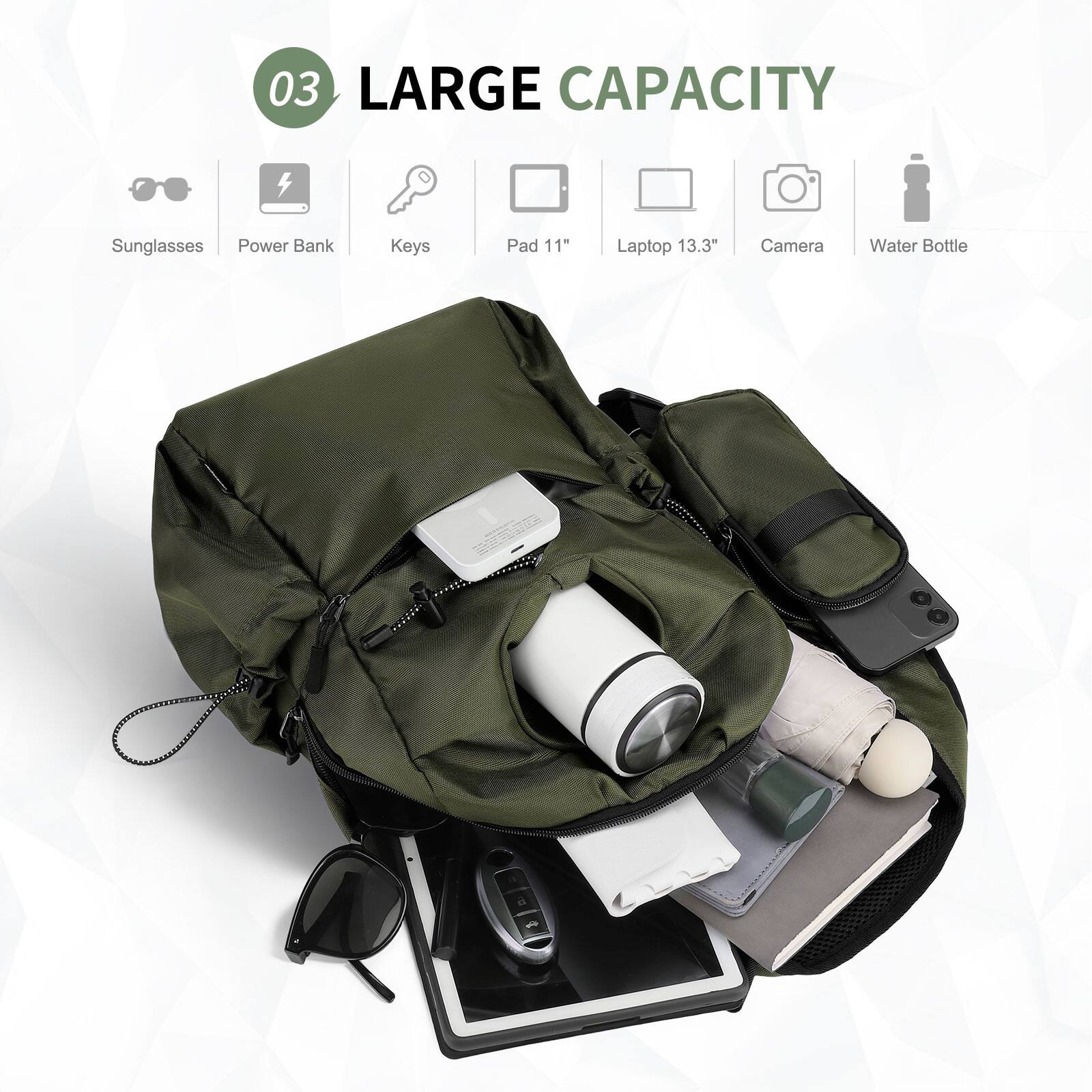 03 LARGE CAPACITY

- Sunglasses
- Power Bank
- Keys
- Pad 11"
- Laptop 13.3"
- Camera
- Water Bottle