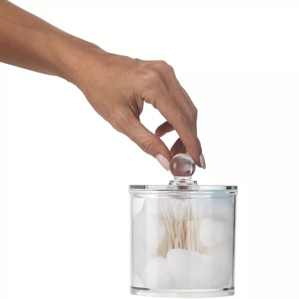 Angle. Elle - Clear Cotton Ball and Swab Organizer with Lid, Acrylic Compact Jar Makeup Cotton Holder, Durable Vanity Storage - Clear/Natural Bamboo.