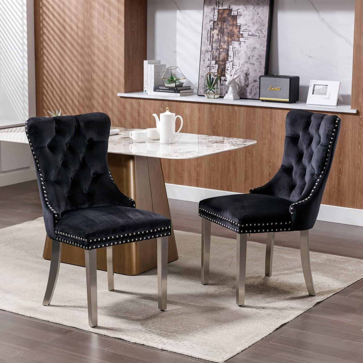 Trinkets Crazed - Velvet Dining Chair Set of 2 Upholstered Tufted Dining Room Chair with Nailhead Trim - Black