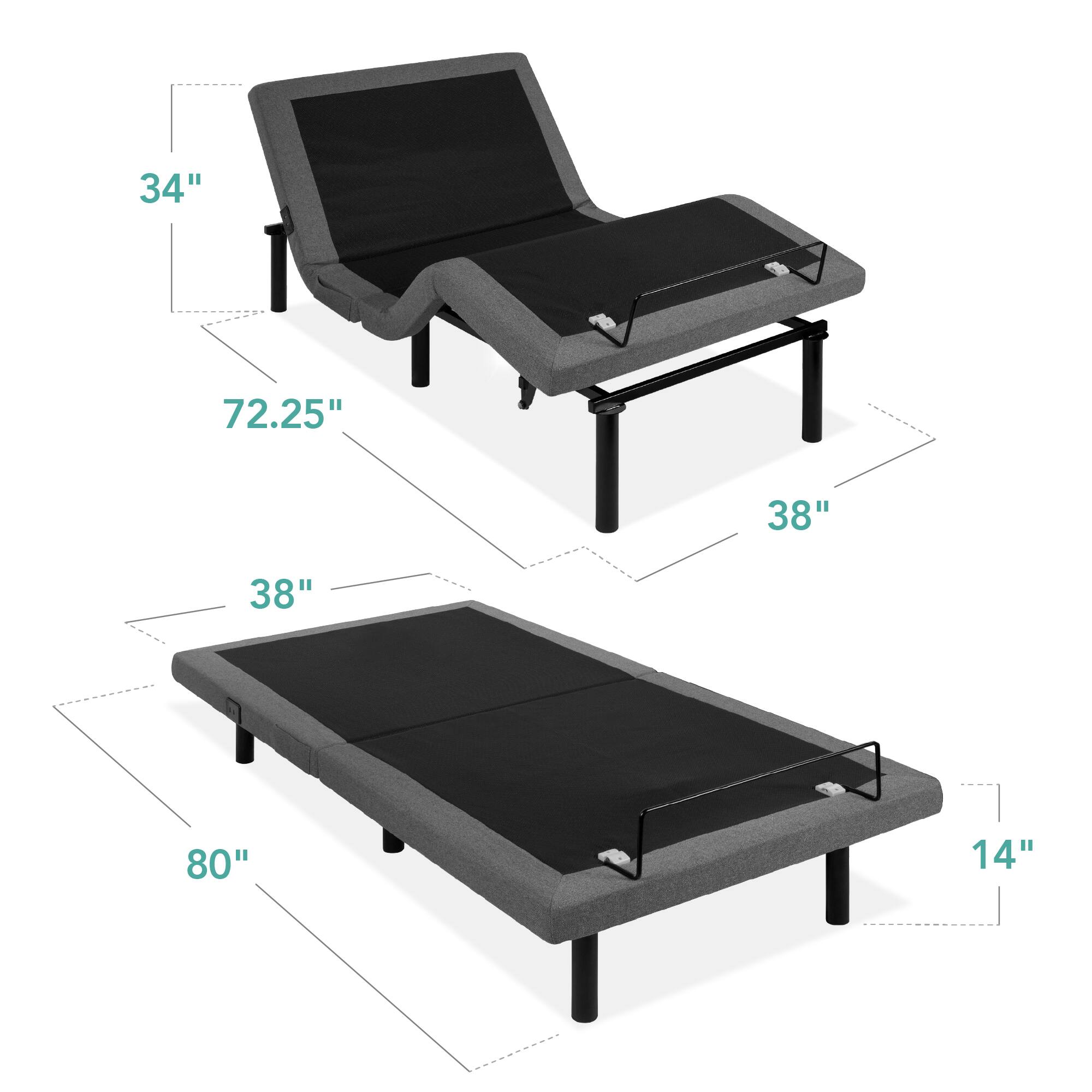 The dimensions of the furniture are as follows:

- Width: 80"
- Depth: 38"
- Height: 14"
- Length (when folded): 72.25"
- Height of the headrest: 34"