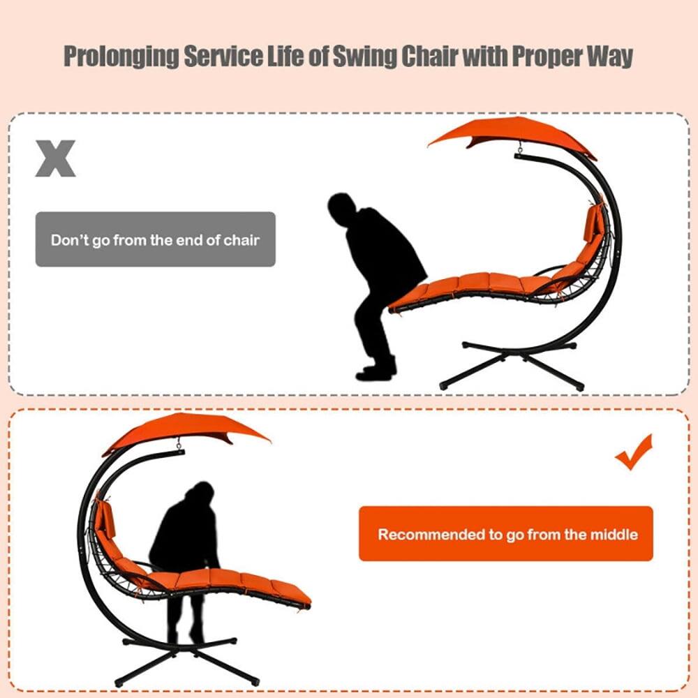 Prolonging Service Life of Swing Chair with Proper Way

X  
Don't go from the end of chair

✓  
Recommended to go from the middle
