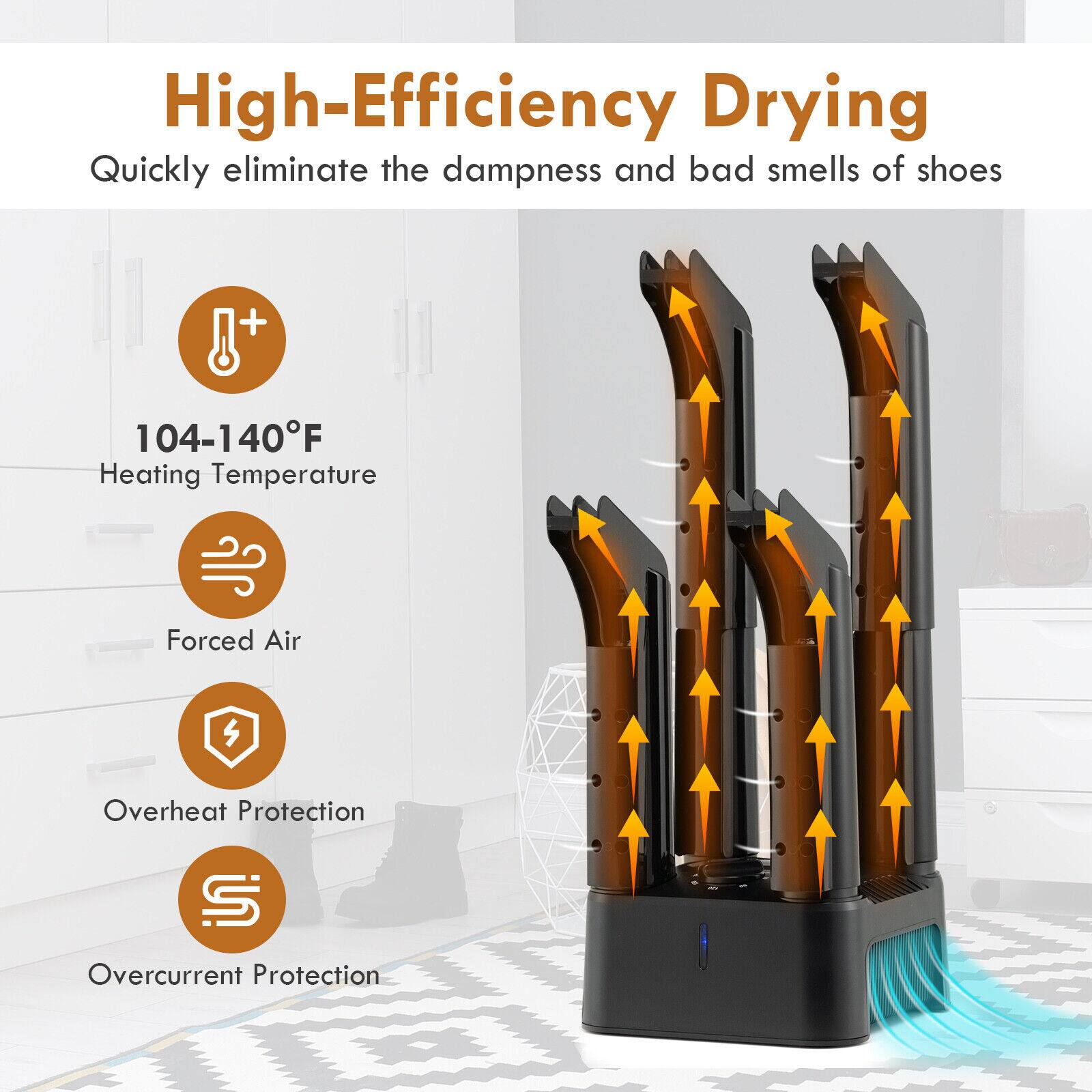 High-Efficiency Drying
Quickly eliminate the dampness and bad smells of shoes
104-140°F Heating Temperature
Forced Air
Overheat Protection
Overcurrent Protection