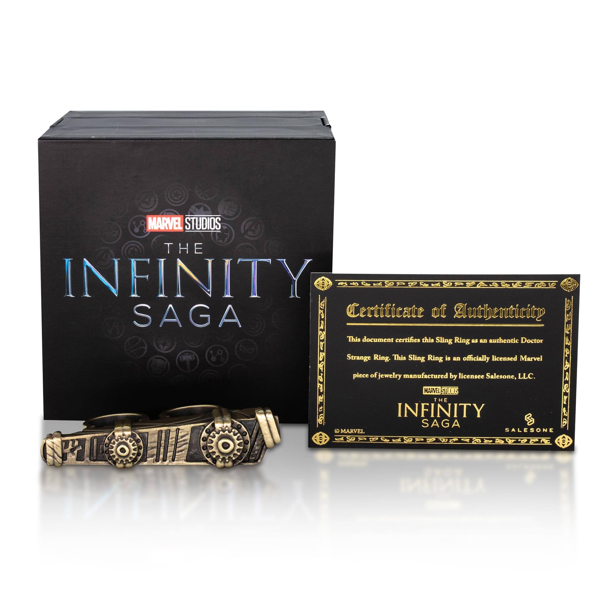 MARVEL STUDIOS THE INFINITY SAGA  
Certificate of Authenticity  

This document certifies this Sling Ring as an authentic Doctor Strange Ring. This Sling Ring is an officially licensed Marvel piece of jewelry manufactured by licensee Salesone, LLC.  

MARVEL STUDIOS  
THE INFINITY SAGA  
SALESONE