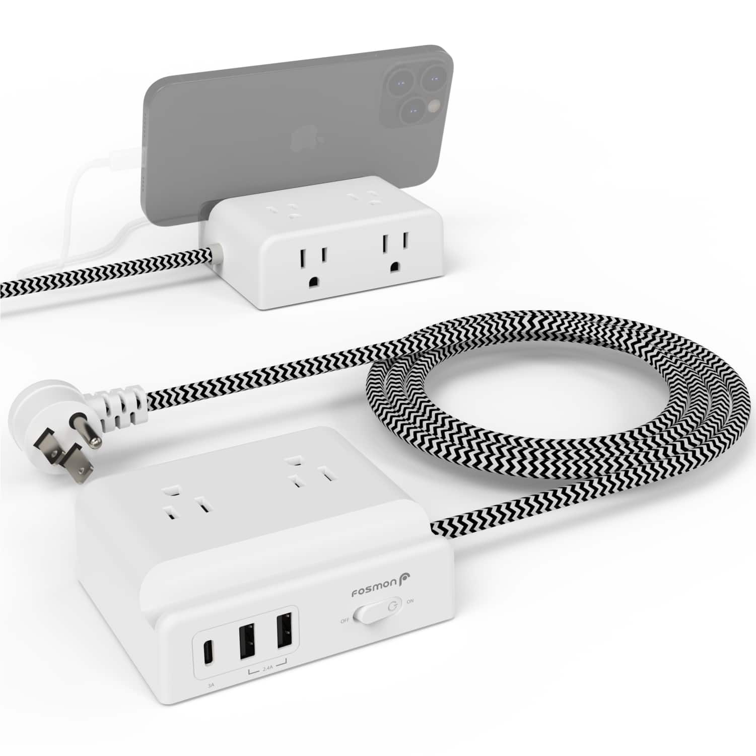 Fosmon - 5FT Extension Cord Flat Plug Power Strip, 2 Outlets Charging Station with USB Ports, Electrical Outlet Adapter - White