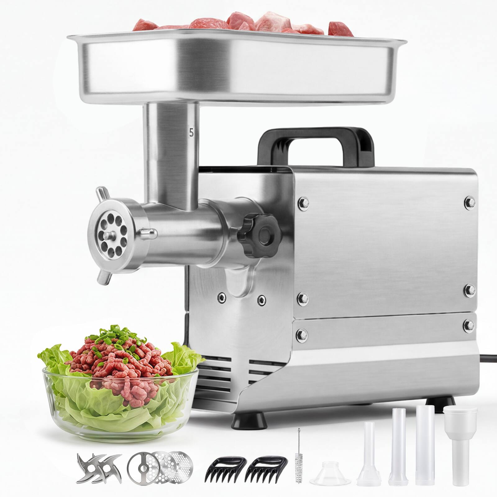 Front. VEVOR - Commercial Meat Grinder, 5 Lbs/Min Capacity, #5 Electric Meat Mincer with 3 Plates, 3 Sausage Stuffing Tubes - Silver.