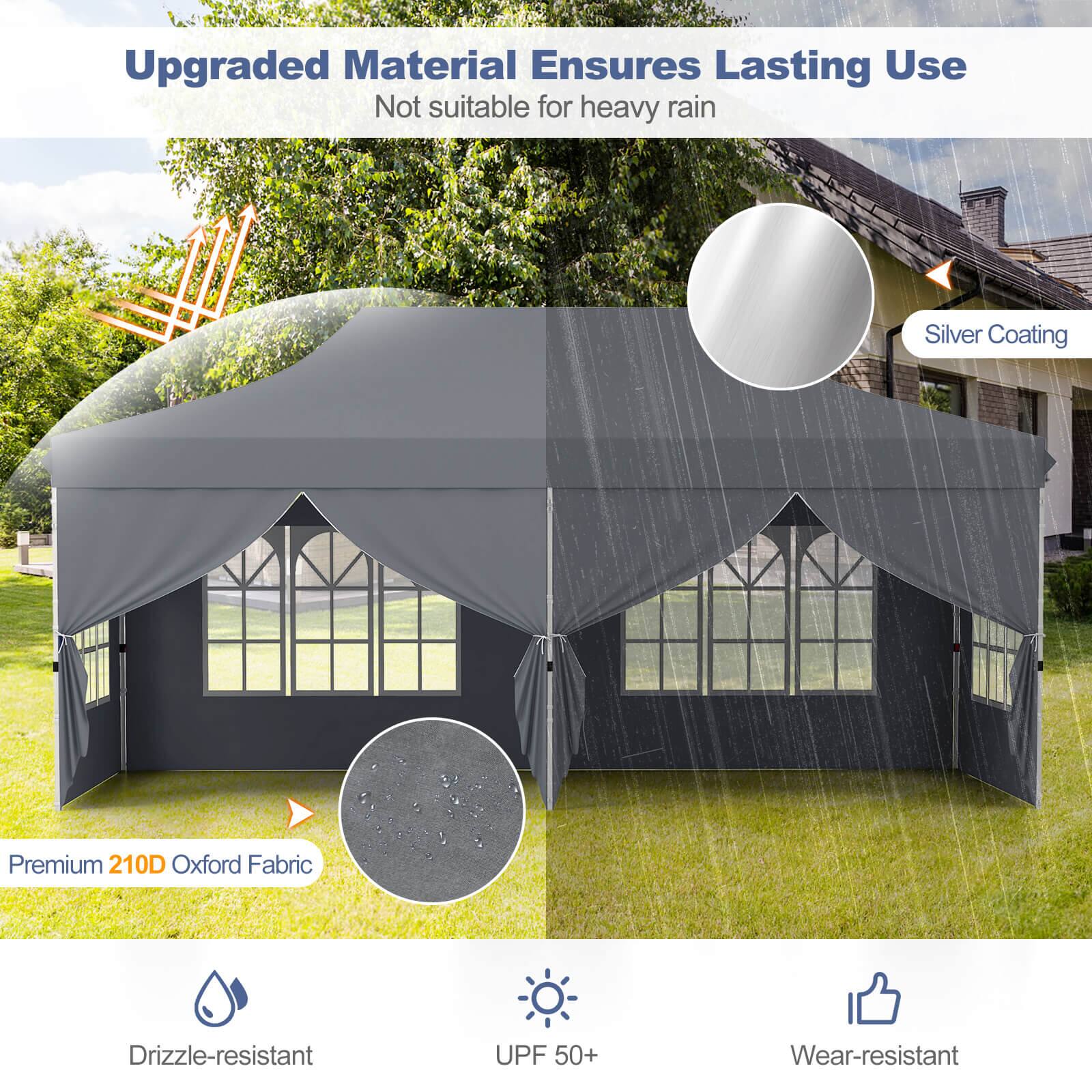 Upgraded Material Ensures Lasting Use
Not suitable for heavy rain
Silver Coating
Premium 210D Oxford Fabric
Drizzle-resistant
UPF 50+
Wear-resistant