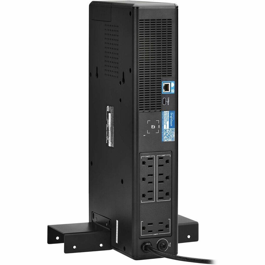 Sure, here is the corrected and grouped text from the image:

**Front Panel:**
- BrightLayer
- Load 1
- Load 2
- Load 3

**Top Right Corner:**
- Ethernet port
- USB port

**QR Code Label:**
- (QR code image)

**Side Label:**
- (Text is not fully legible, but appears to be product information or specifications)

**Bottom Right Corner:**
- (Power cord and socket)

**Side Label (Vertical):**
- (Text is not fully legible, but appears to be product information or specifications)

**Bottom Left Corner:**
- (Mounting bracket)

If you need more specific details or corrections, please let me know!