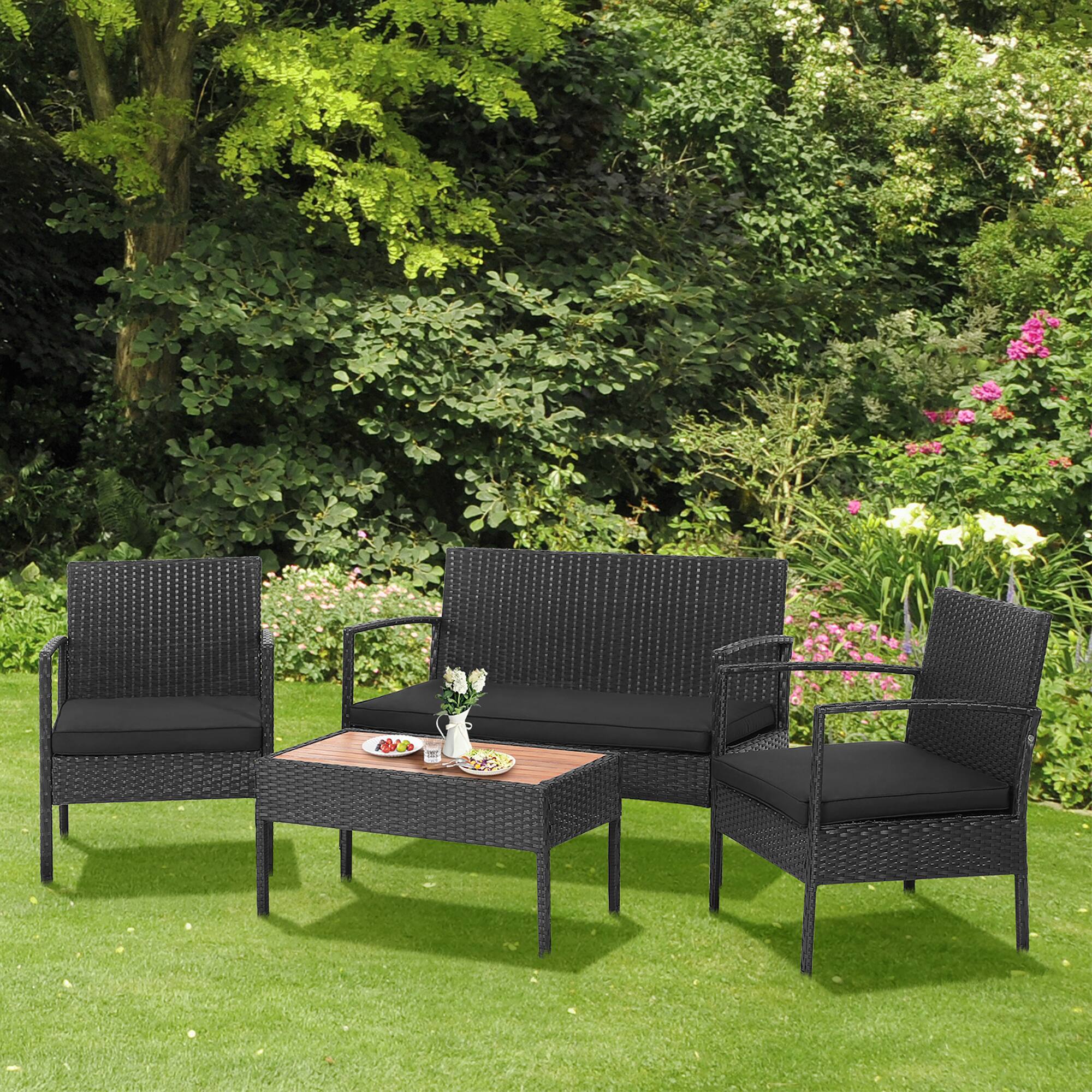 Alt View 1. Costway - Costway 4PCS Patio Rattan Furniture Set Cushioned Chair Wooden Tabletop - Black.