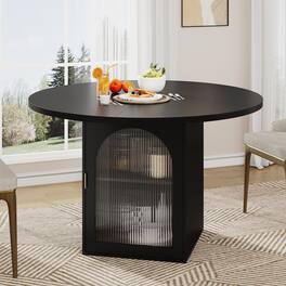 Anysun - 47" Round Dining Table with Storage Cabinet - Pedestal Base, Ribbed Glass Doors, Seats 4-6 for Apartments - Black