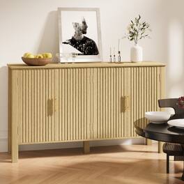 U-HOMY - Modern Fluted Sideboard Buffet Cabinet with Adjustable Shelves, Solid Wood Storage Console for Living or Dining Room - Wood Color