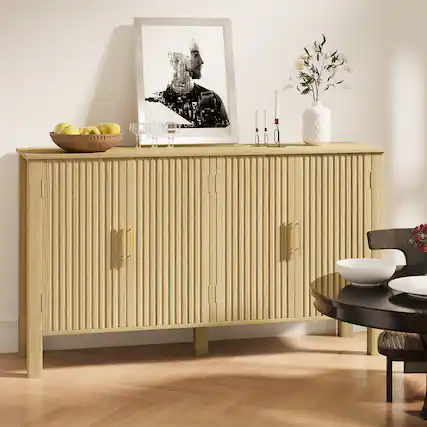 Front. U-HOMY - Modern Fluted Sideboard Buffet Cabinet with Adjustable Shelves, Solid Wood Storage Console for Living or Dining Room - Wood Color.