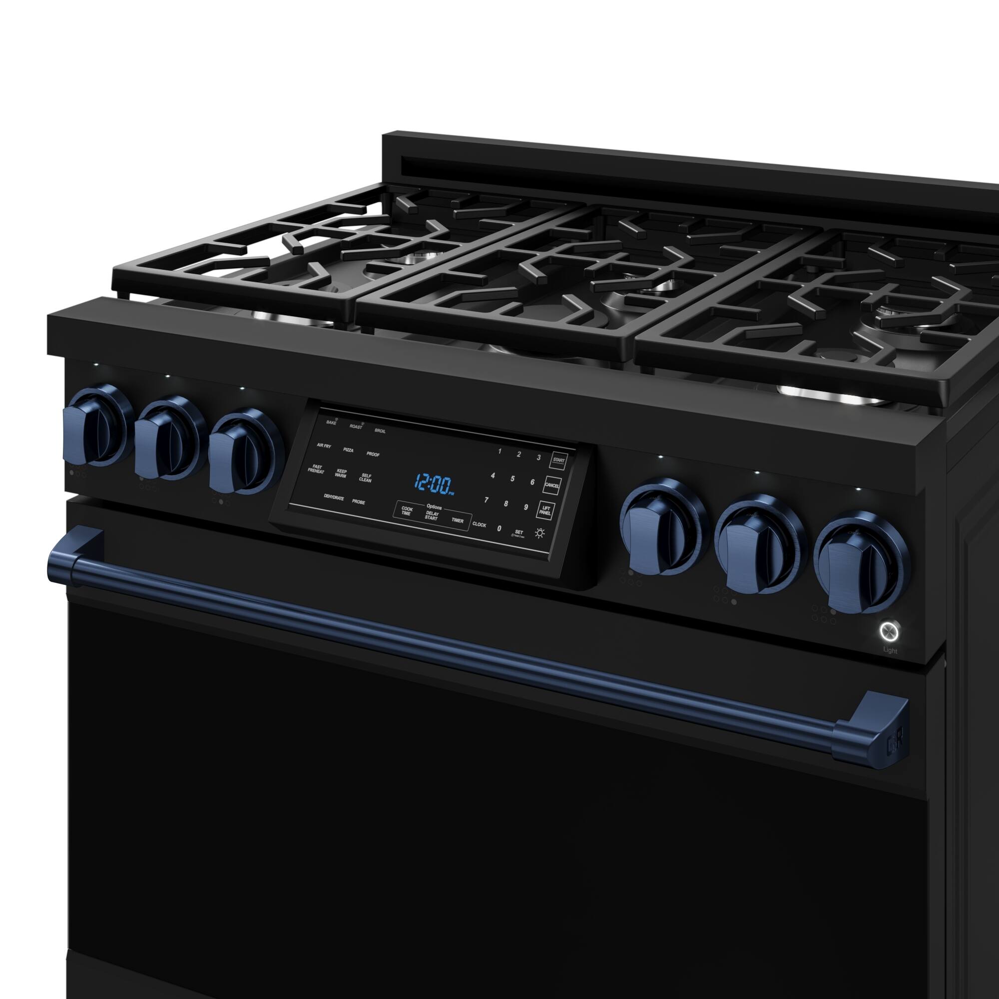 The image shows a black stove top oven with a digital display. The display shows the time, which is 12:00. The oven has a blue knob on the front, and it is a modern design.