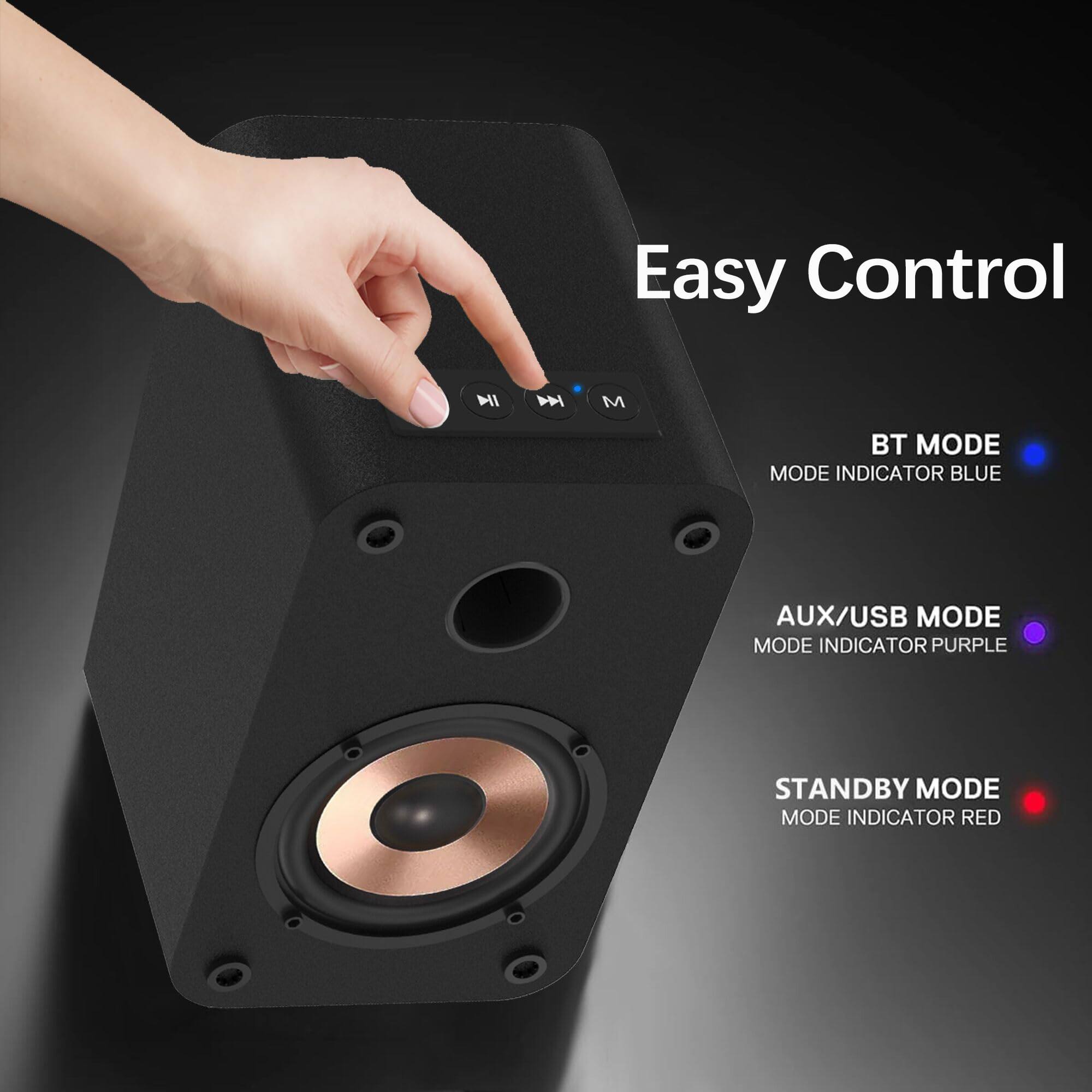 Easy Control

BT MODE  
MODE INDICATOR BLUE

AUX/USB MODE  
MODE INDICATOR PURPLE

STANDBY MODE  
MODE INDICATOR RED
