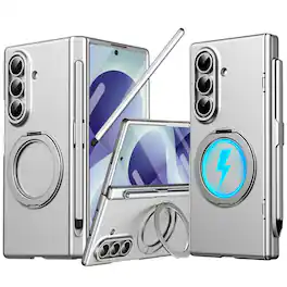 Dteck - Magnetic Ring Stand Rugged Case For Samsung Galaxy Z Fold8 Ultra Built-in Screen Protector+Hinge Cover+Stylus - Silver