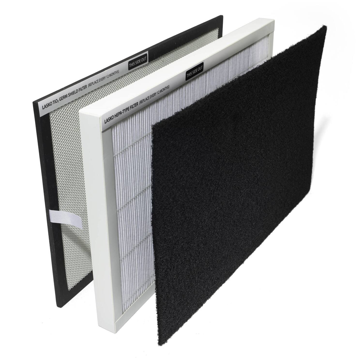 A35 OoT THIS ACH 26 4 CHERY DREPLACE FILTER SHILLD 0 GERM E7 TAC REPLACE LASKO FILTER HERA-TYPE TIE HEPA- LASKO THIS SIDE OUT 1001 bses