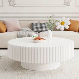 Trinkets Crazed - 39.37" Round Coffee Table Wood,Circle Coffee Table, Drum Fluted Coffee Accent End Side Center Table - White