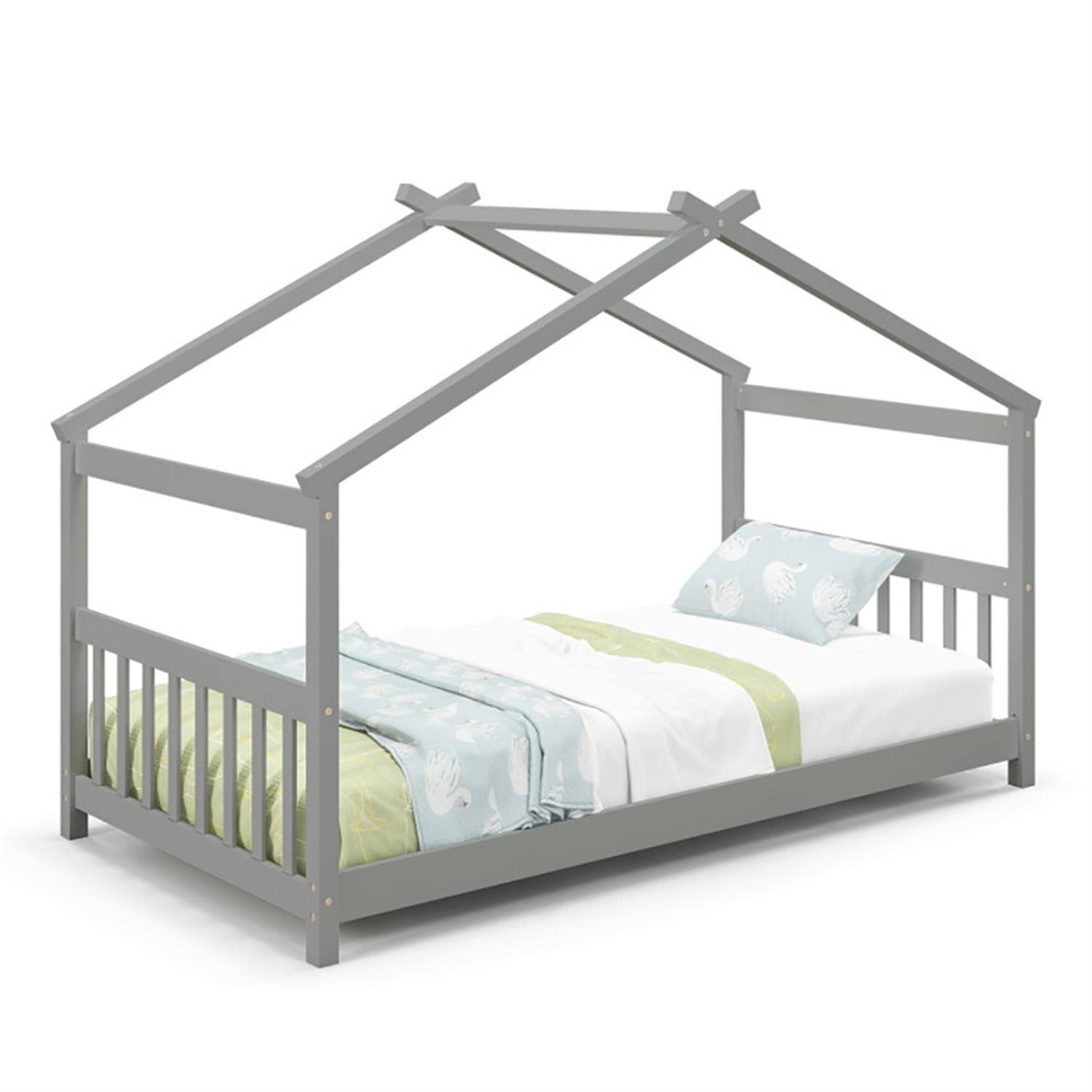 Alt View 1. Pefilos - Twin Size Wooden House Bed Frames with Roof, Modern Platform Floor Bed Frames for Teens, Gray - Gray.