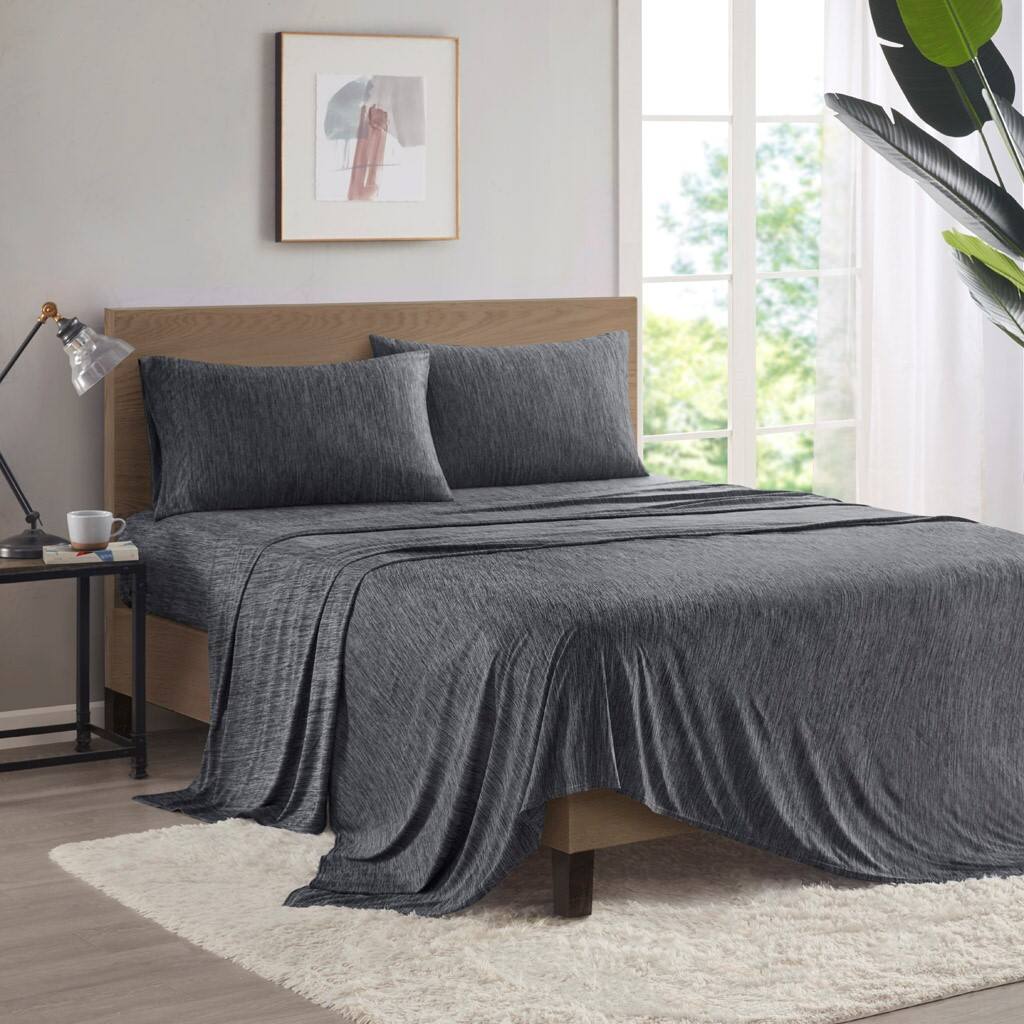 Alt View 1. Gracie Mills - Gracie Mills Azalea Heathered Jersey Knit Nylon Blend Sheet Set - Black.