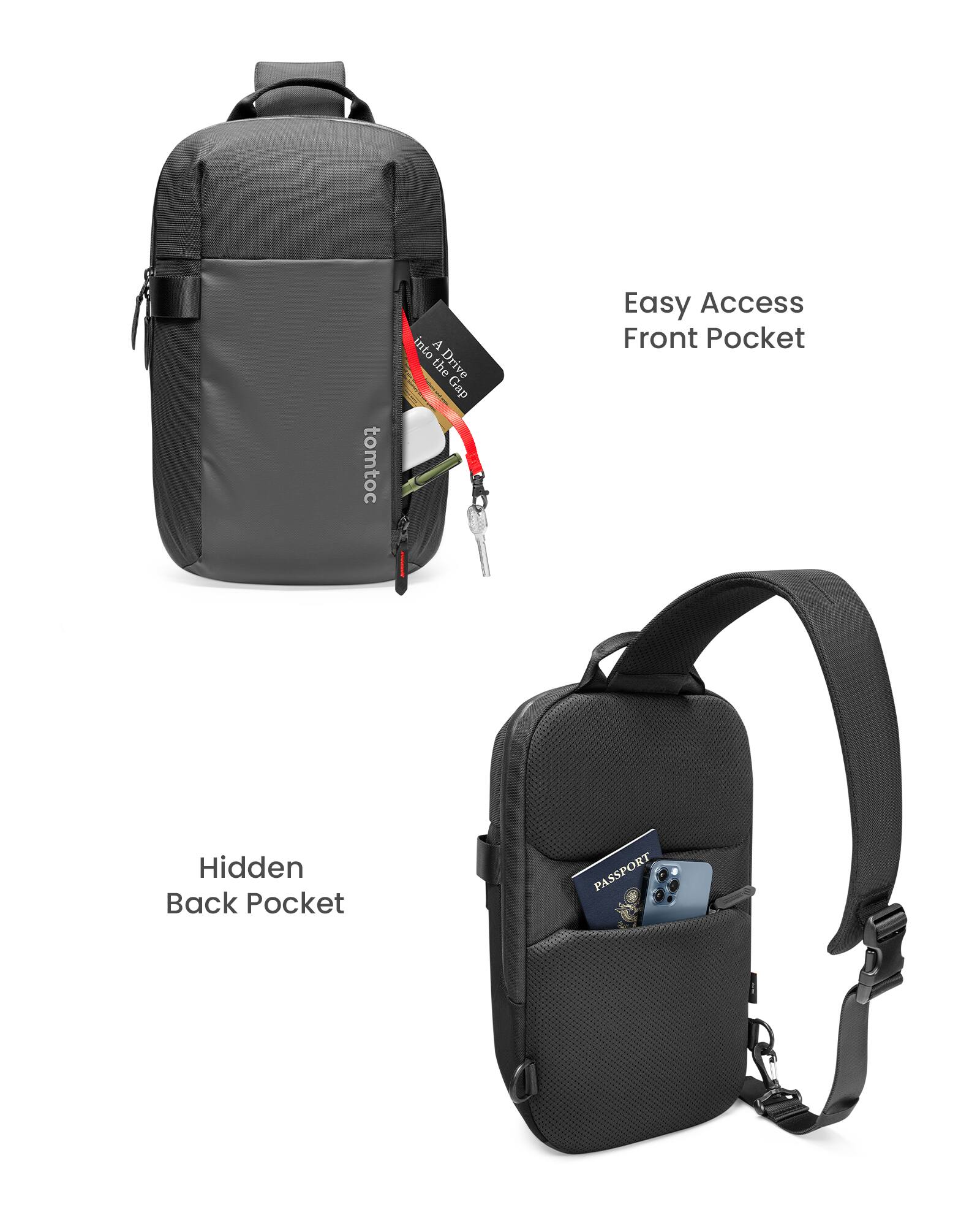 The image features a black backpack with a hidden back pocket and an easy access front pocket. The backpack is designed by Tomtoc and is equipped with a passport holder. The backpack is shown in two different positions, one with the front pocket open and the other with the hidden back pocket. The passport is visible in the front pocket, indicating the easy access feature of the backpack.