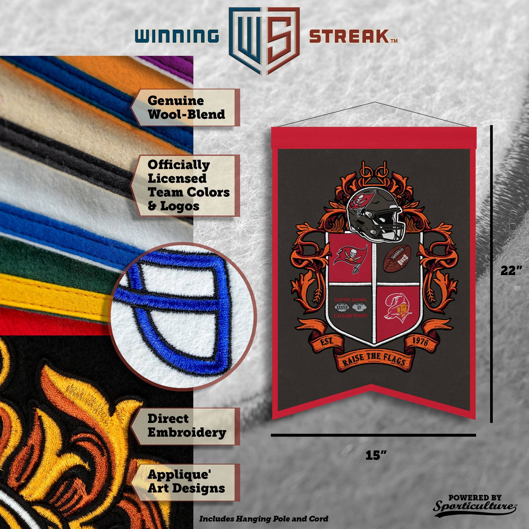 WINNING I 5 STREAK™ Genuine Wool-Blend Officially Licensed Team Colors & Logos Wtn BUES 22" MIPER SLL E U CHAMPIONS EST 1976 THE FLAGS RAISE Direct Embroidery Applique' Art Designs Includes Hanging Pole and Cord 15" POWERED BY Sporticulture