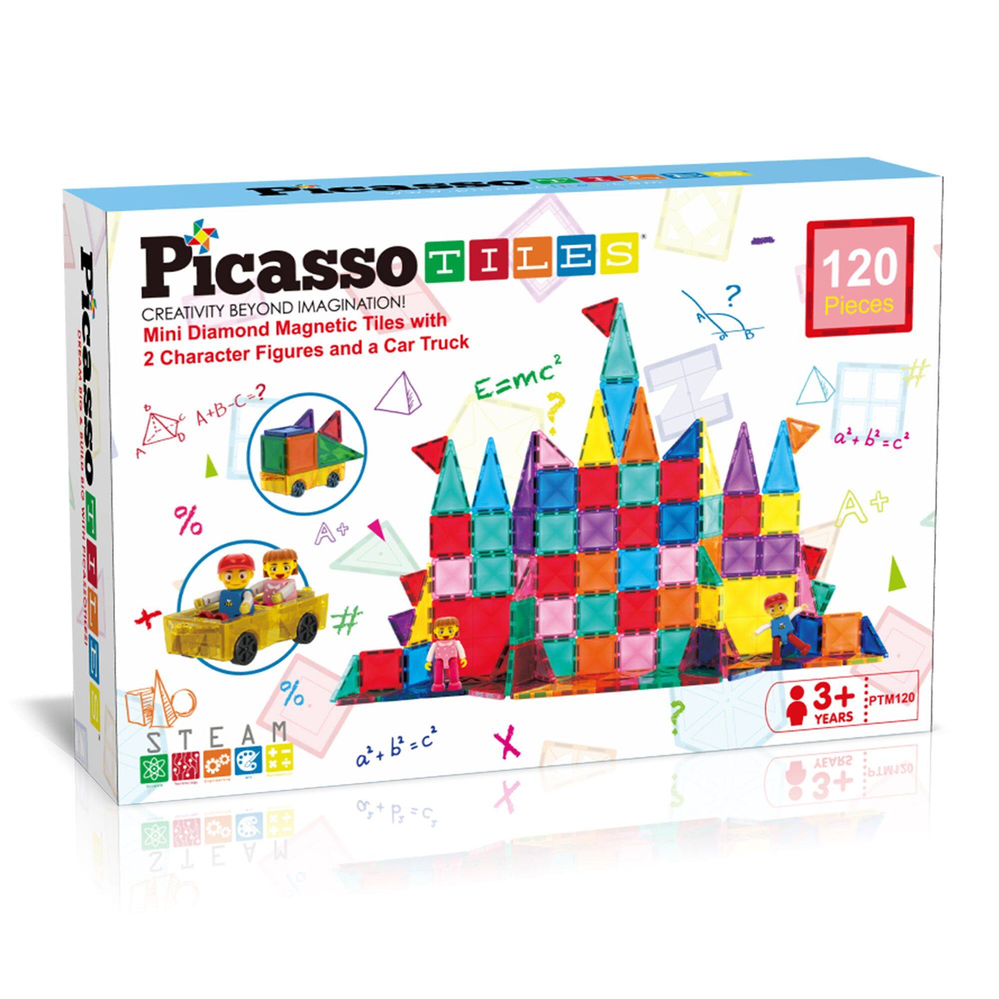 AE S H FigaNo - Picasso TILES T I L E S 120 IMAGINATION! CREATIVITY BEYOND Magnetic Tiles with Mini Diamond and a Car Truck 2 Character Figures E=mc2 # TaSsO A+B-C-? ? a+b=c a'+ A+ + | % A+ + # % STEAM A M a'+b=c2  o+p=C PF Cg E W Z 3+ PTM120 YEARS YEARS PTM120 3+